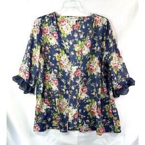 Lady Noiz Women's Kimono Top Size 1XL Blue Floral Cottagecore Ruffle Sleeve